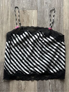 Victoria's Secret Y2K Black & White Satin Striped Pink Bow Lace Trim Cami Size S